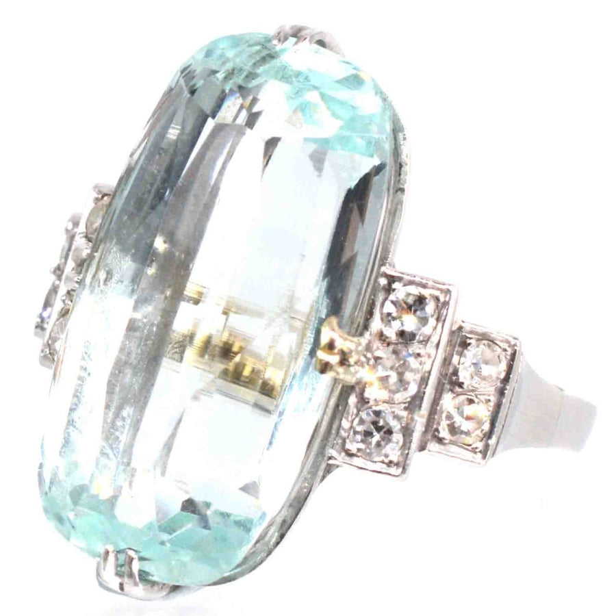 French Art Deco Platinum 12 Carat Aquamarine and Diamond Ring | Parkin and Gerrish | Antique & Vintage Jewellery