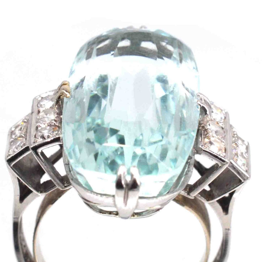 French Art Deco Platinum 12 Carat Aquamarine and Diamond Ring | Parkin and Gerrish | Antique & Vintage Jewellery