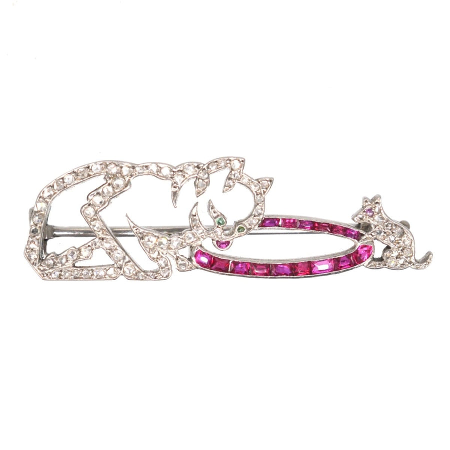 French Art Deco Platinum, Rose Cut Diamond & Ruby Brooch with a Cat and a Mouse | Parkin and Gerrish | Antique & Vintage Jewellery