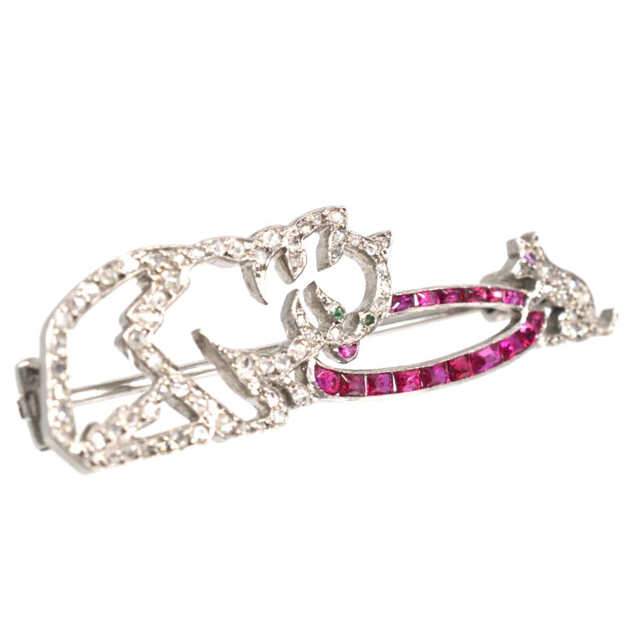 French Art Deco Platinum, Rose Cut Diamond & Ruby Brooch with a Cat and a Mouse | Parkin and Gerrish | Antique & Vintage Jewellery