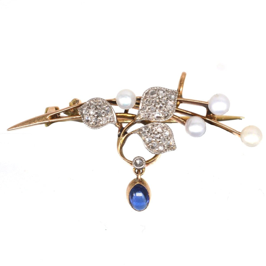 French Art Nouveau 14ct Gold Pearl, Diamond and Cabochon Sapphire Brooch / Pendant | Parkin and Gerrish | Antique & Vintage Jewellery