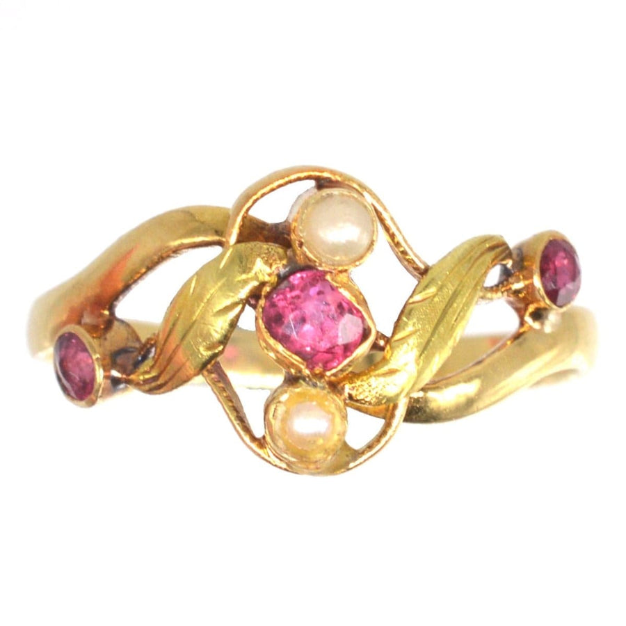 French Art Nouveau 18ct Gold, Ruby and Pearl Ring | Parkin and Gerrish | Antique & Vintage Jewellery