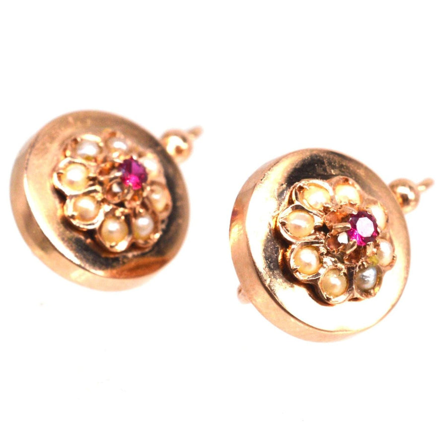 French Late 19th Century 18ct Rose Gold Seed Pearls and Ruby Cluster Earrings | Parkin and Gerrish (UK)