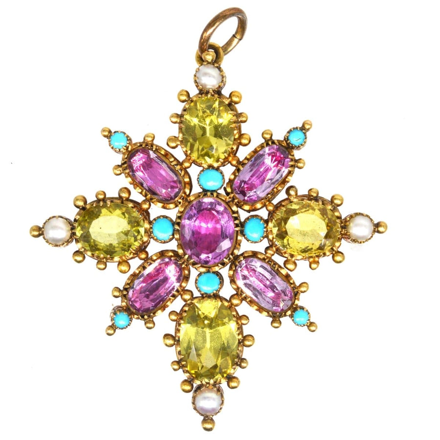 Georgian 15ct Gold Pink Topaz, Chrysoberyl, Natural Split Pearl & Turquoise Pendant | Parkin and Gerrish | Antique & Vintage Jewellery