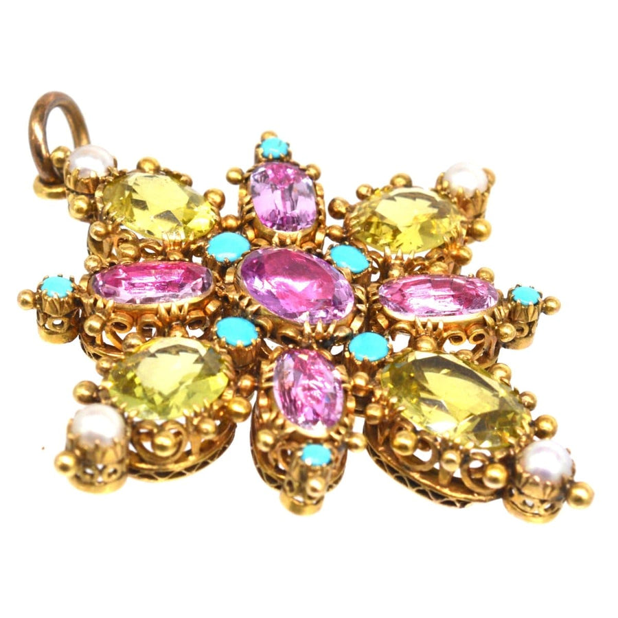 Georgian 15ct Gold Pink Topaz, Chrysoberyl, Natural Split Pearl & Turquoise Pendant | Parkin and Gerrish | Antique & Vintage Jewellery