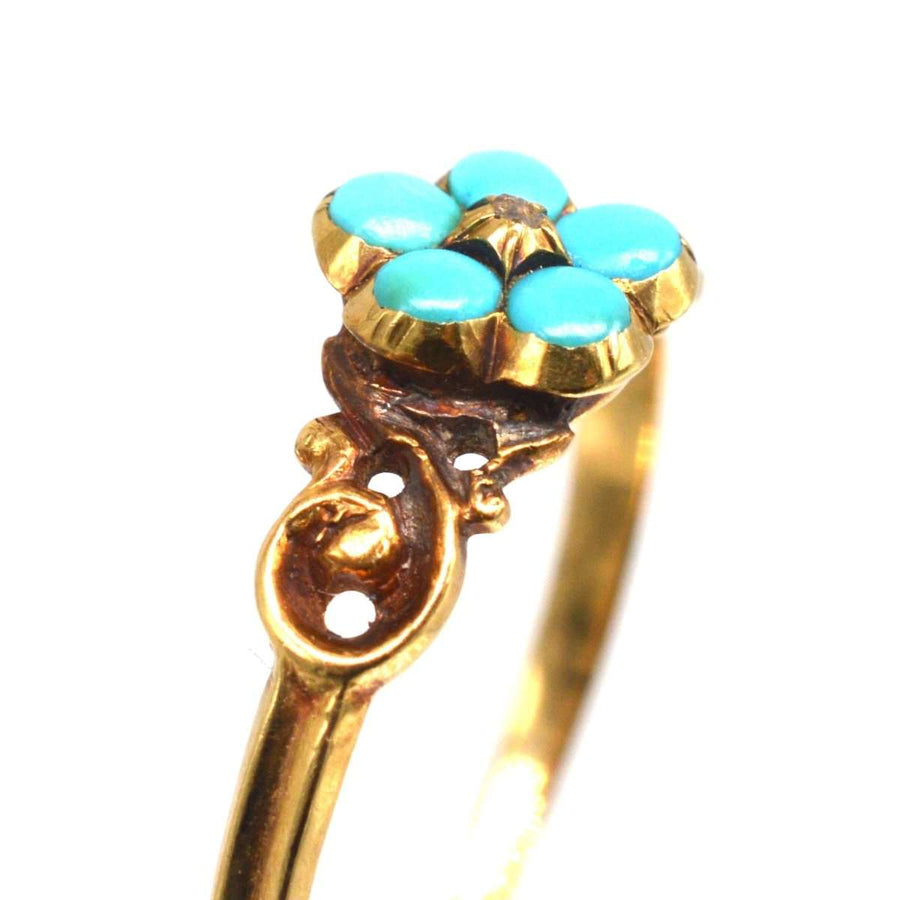 Georgian William IV 18ct gold turquoise flower cluster ring, five-petal design symbolizing remembrance and affection.