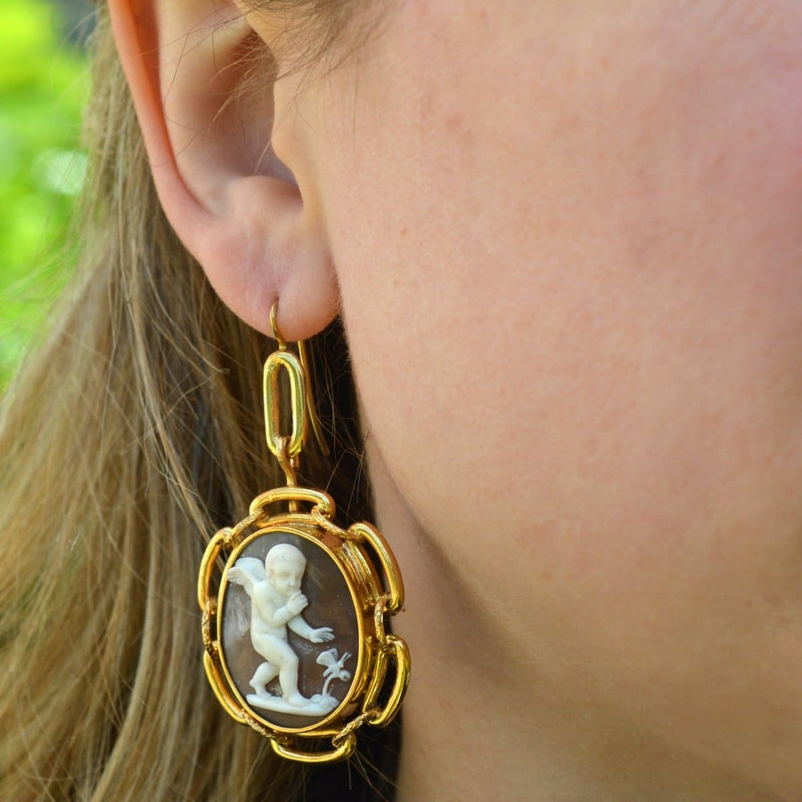 Large 19th Century 15ct Gold Cameo Earrings of Cupid and a Butterfly | Parkin and Gerrish | Antique & Vintage Jewellery