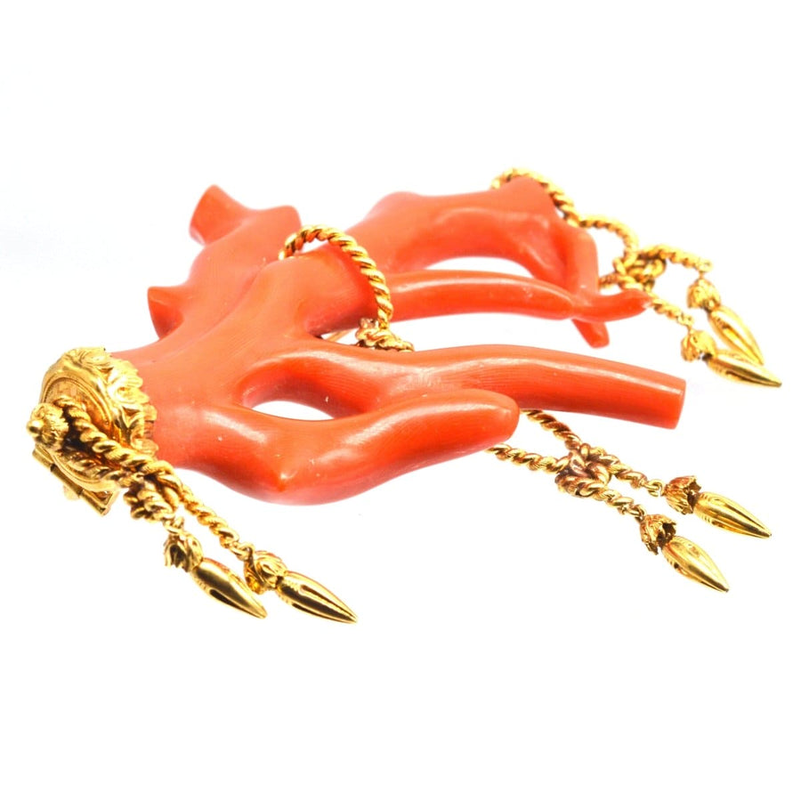 Large 19th Century Corallium Rubrum (Red Coral) Branch Brooch with Gold rope tassel details | Parkin and Gerrish (UK)
