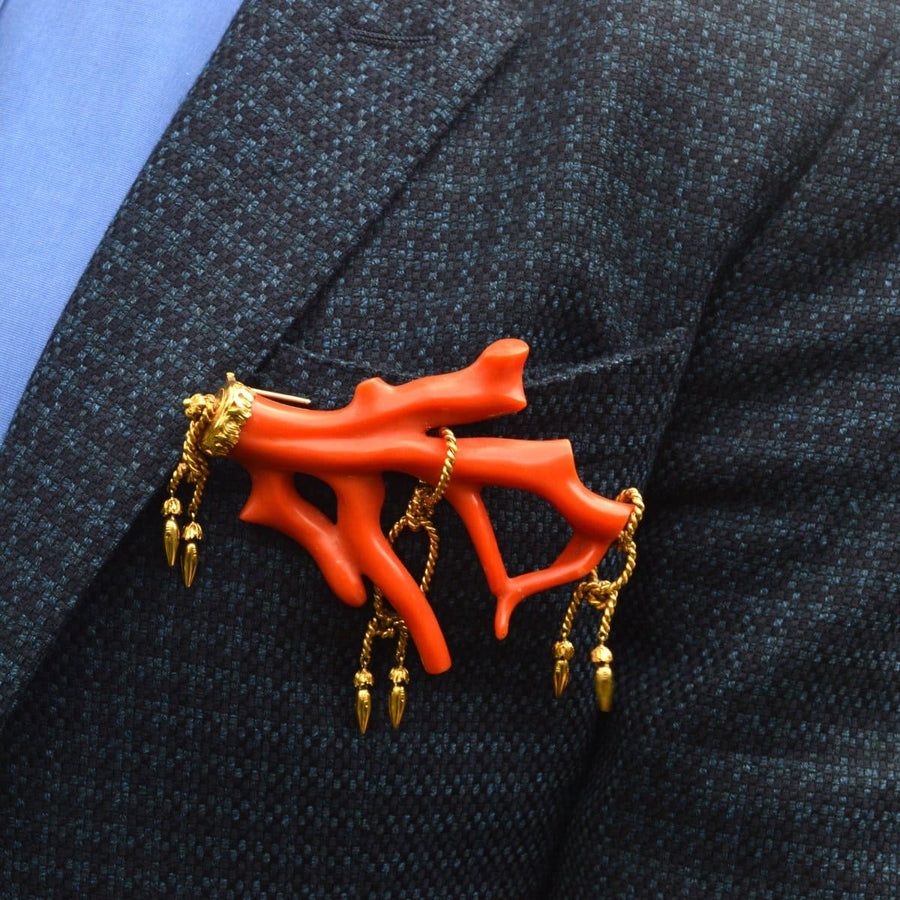 Large 19th Century Corallium Rubrum (Red Coral) Branch Brooch with Gold rope tassel details | Parkin and Gerrish (UK)