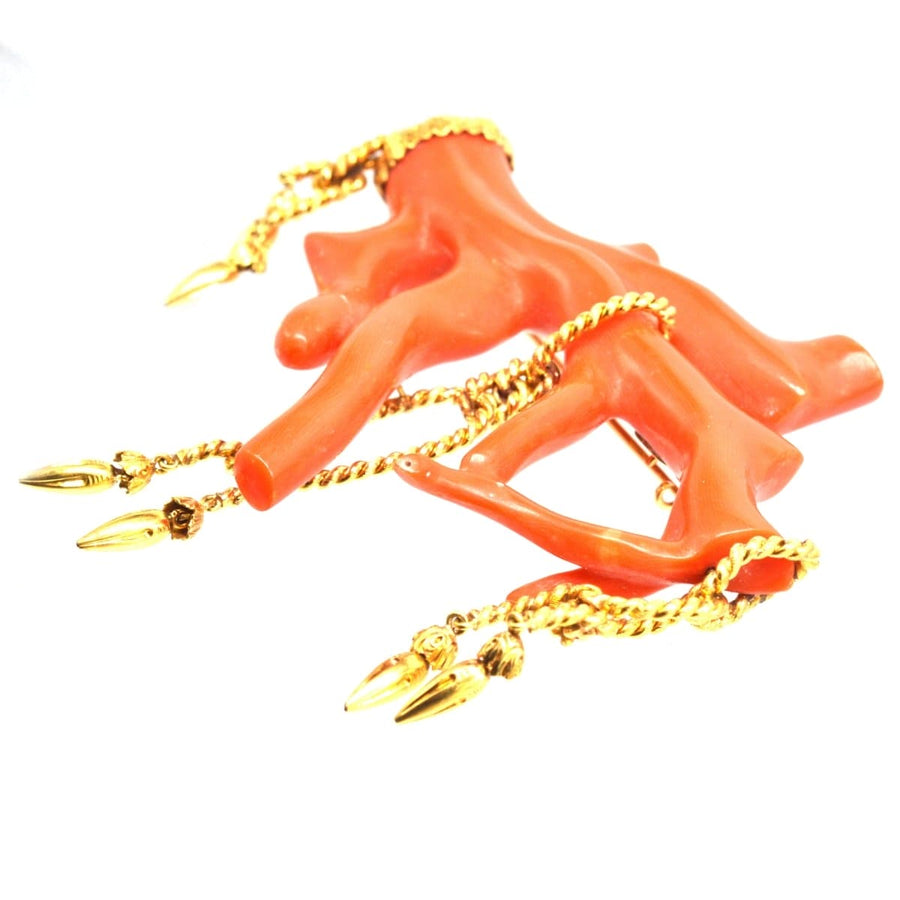 Large 19th Century Corallium Rubrum (Red Coral) Branch Brooch with Gold rope tassel details | Parkin and Gerrish (UK)