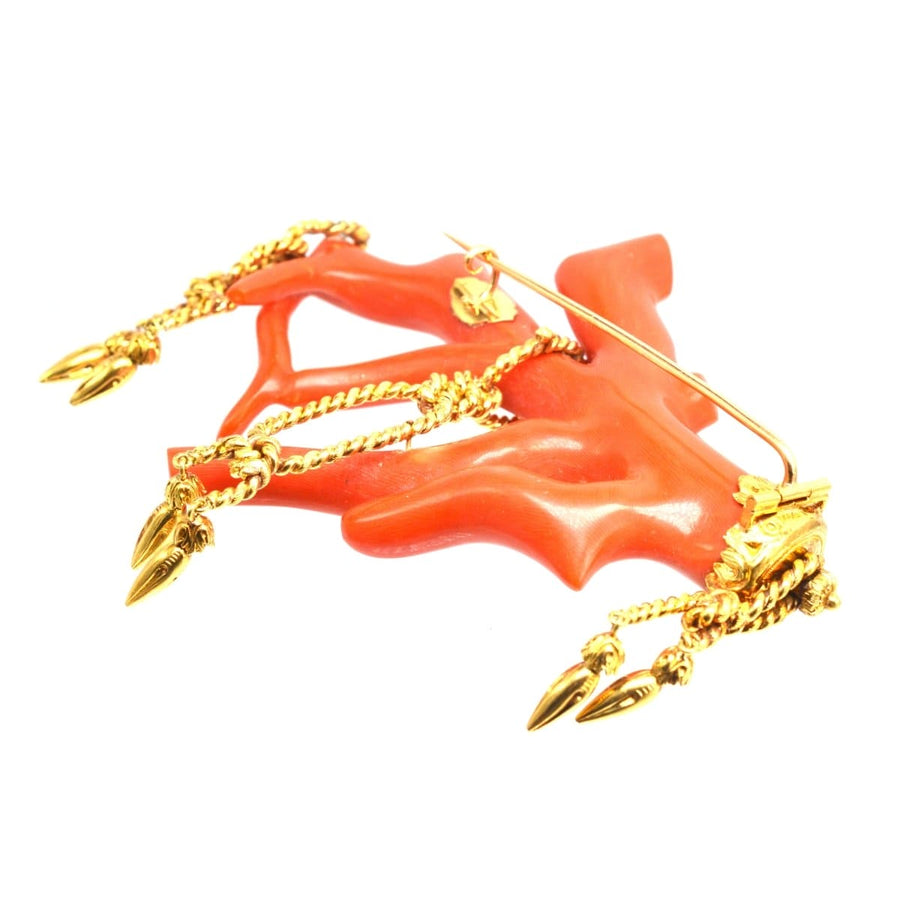 Large 19th Century Corallium Rubrum (Red Coral) Branch Brooch with Gold rope tassel details | Parkin and Gerrish (UK)