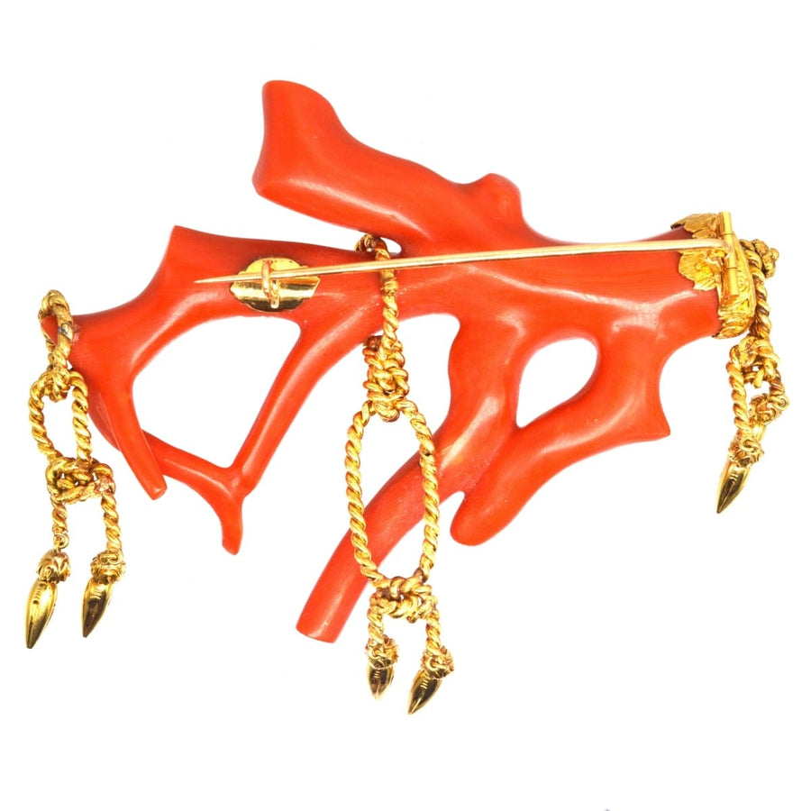 Large 19th Century Corallium Rubrum (Red Coral) Branch Brooch with Gold rope tassel details | Parkin and Gerrish (UK)