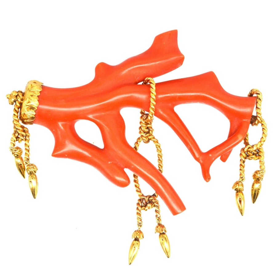 Large 19th Century Corallium Rubrum (Red Coral) Branch Brooch with Gold rope tassel details | Parkin and Gerrish (UK)