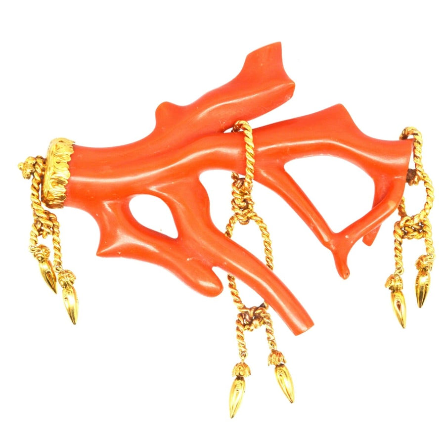 Large 19th Century Corallium Rubrum (Red Coral) Branch Brooch with Gold rope tassel details | Parkin and Gerrish (UK)