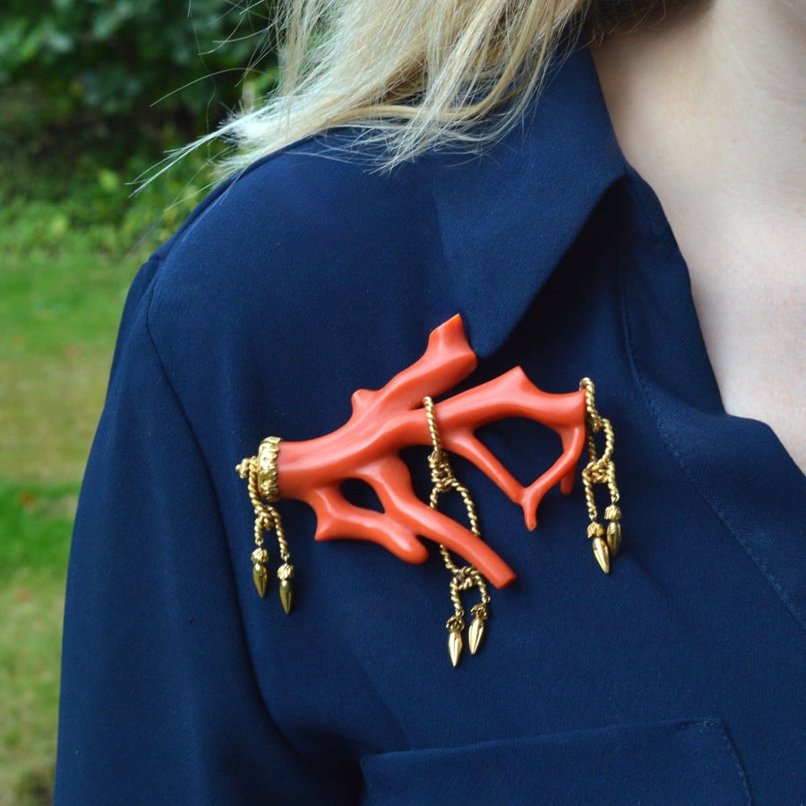 Large 19th Century Corallium Rubrum (Red Coral) Branch Brooch with Gold rope tassel details | Parkin and Gerrish (UK)