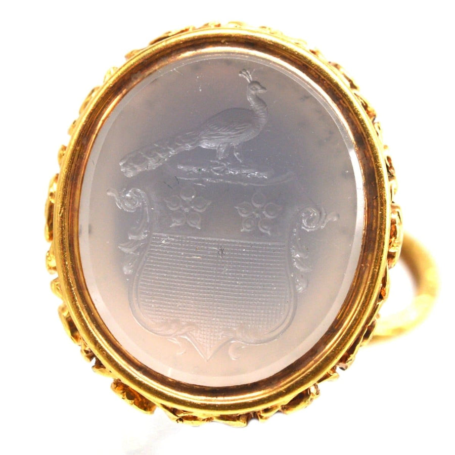 Large Georgian seal featuring a chalcedony intaglio of a peacock crest and family coat of arms.