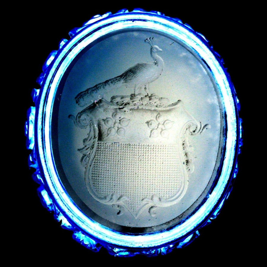 Large Georgian seal featuring a chalcedony intaglio with a peacock crest and family coat of arms.