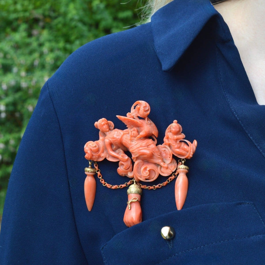 Large Rare Antique Italian Carved Coral Brooch of the Goddess Hebe | Parkin and Gerrish (UK)