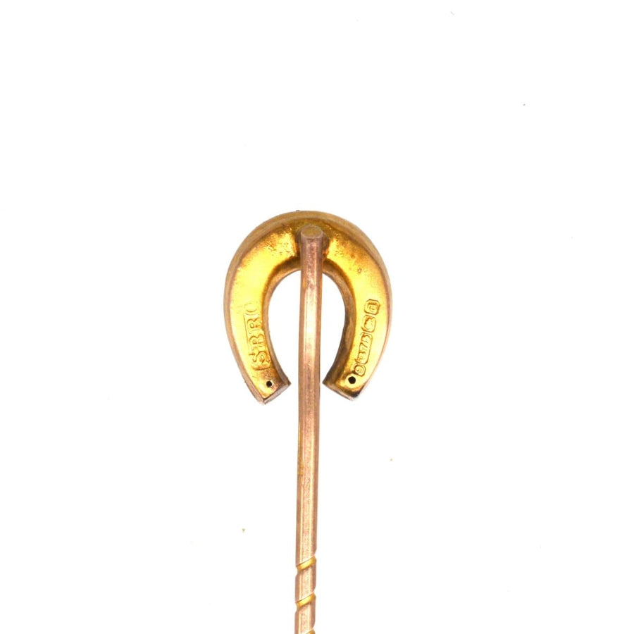 Late Victorian 9ct gold horseshoe tie pin with Ivy leaves, symbolizing luck and loyalty.