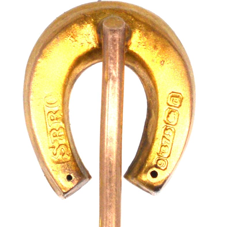 Victorian 9ct gold horseshoe tie pin with hallmarks, symbolizing luck and devotion for weddings.