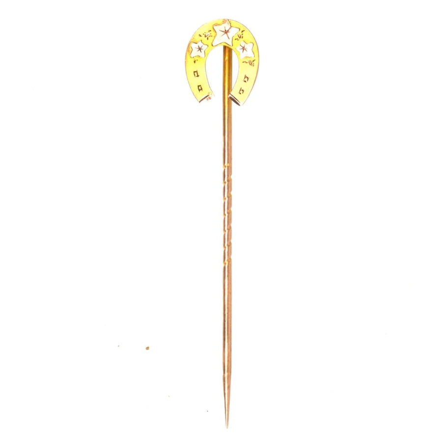 Late Victorian 9ct gold horseshoe tie pin with Ivy leaves, symbolizing good luck and devotion, made in 1900.