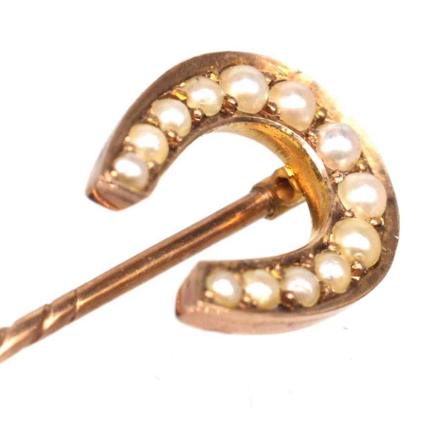 Late Victorian 9ct gold horseshoe tie pin with seed pearls, symbolizing good luck and protection, Chester 1893.