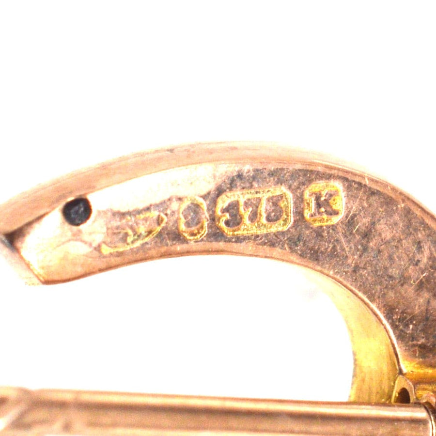 Close-up of hallmarks on Late Victorian 9ct gold horseshoe tie pin from Chester, marked 1893.