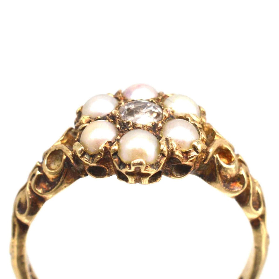 Late Victorian 9ct Gold Split Pearl and Diamond Cluster Ring | Parkin and Gerrish | Antique & Vintage Jewellery