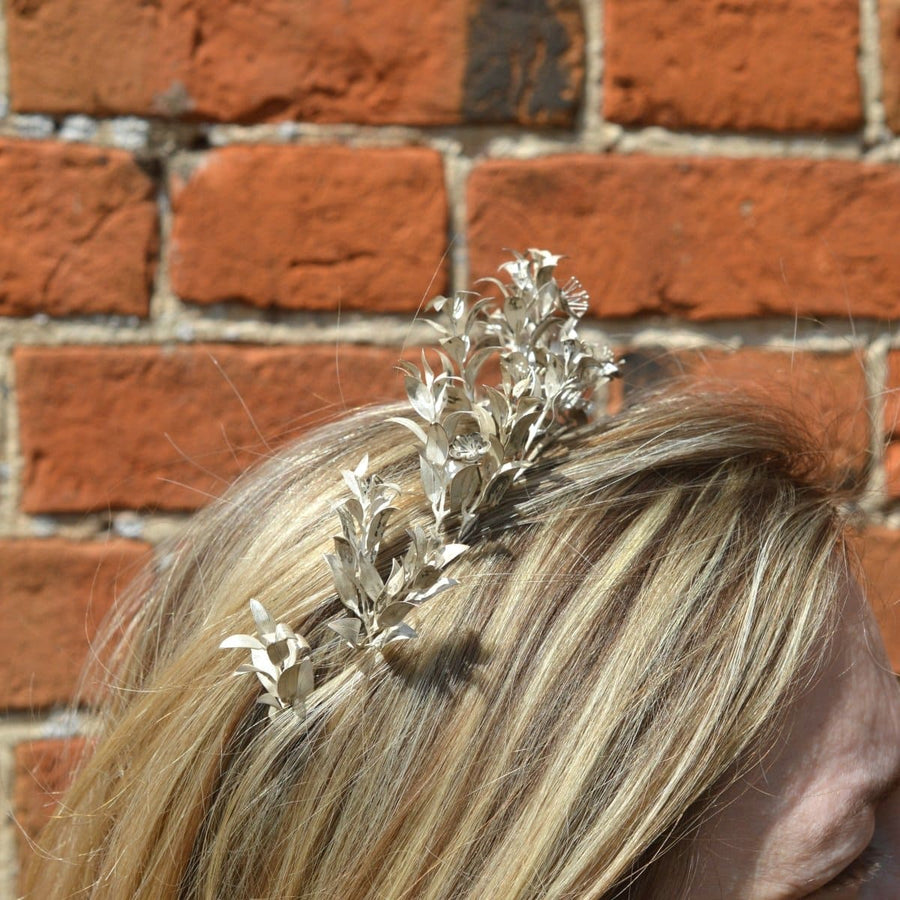 Mid 19th Century Victorian Silver Leaf Marriage Tiara and Matching Corsage Pin Brooch
