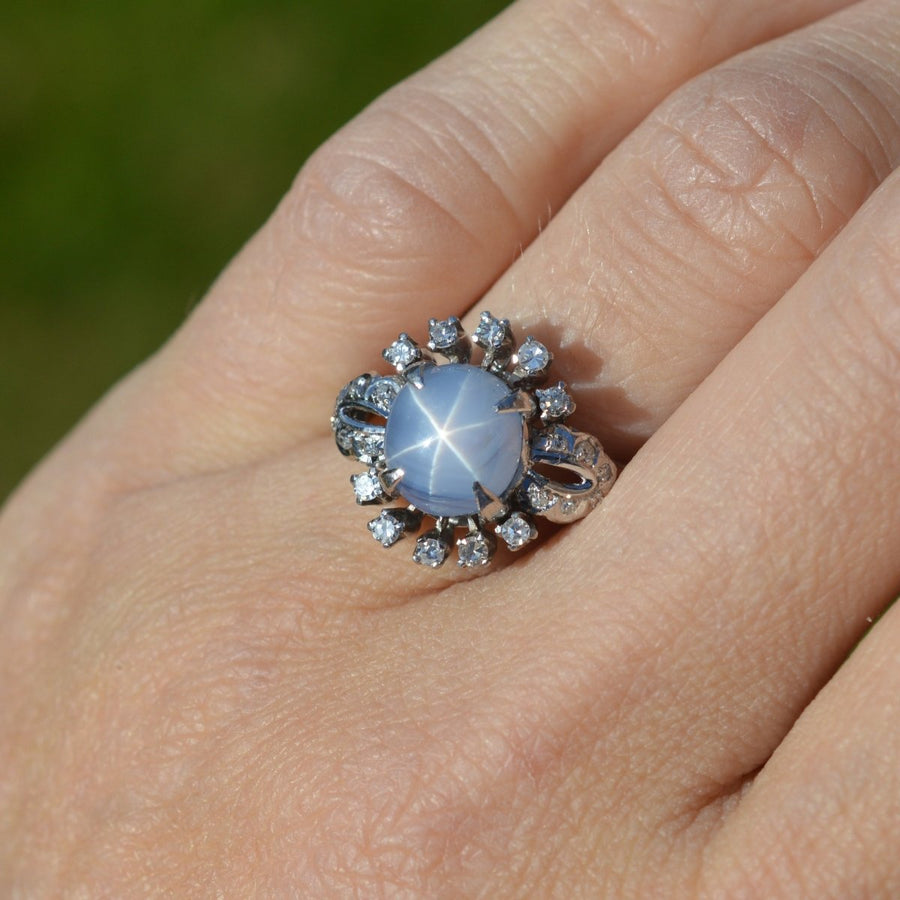 Mid Century 18ct White Gold Star Sapphire and Diamond Ring | Parkin and Gerrish | Antique & Vintage Jewellery
