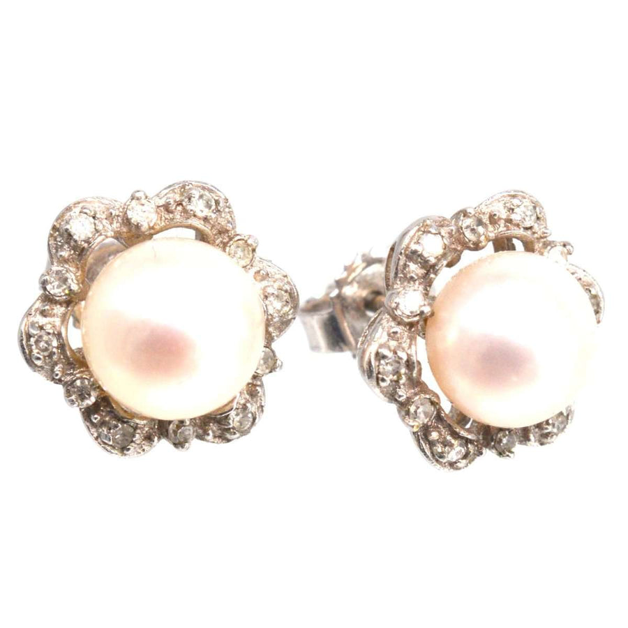 Mid Century 9ct white gold pearl and diamond star cluster earrings from the 1950s, elegant vintage jewelry.