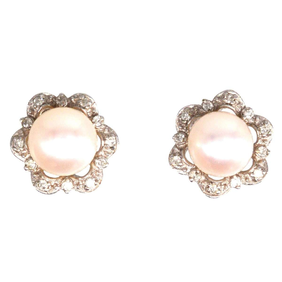 Mid-century 9ct white gold pearl and diamond star cluster earrings, vintage elegance for special occasions or everyday wear.
