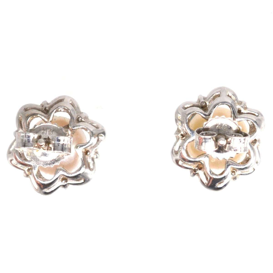 Mid Century 9ct white gold pearl and diamond star cluster earrings, vintage 1950s-1960s design.