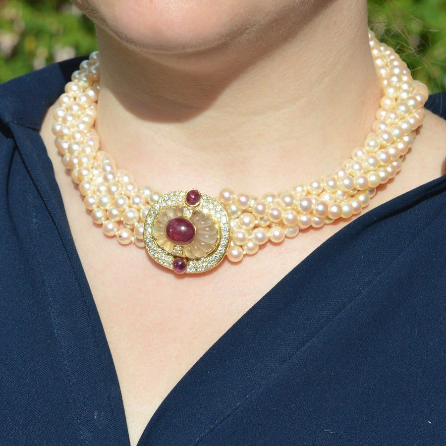 Mid Century French 18ct Gold Cultured Pearl Torsade necklace with Diamond, Rock Crystal and Ruby Clasp | Parkin and Gerrish | Antique & Vintage Jewellery