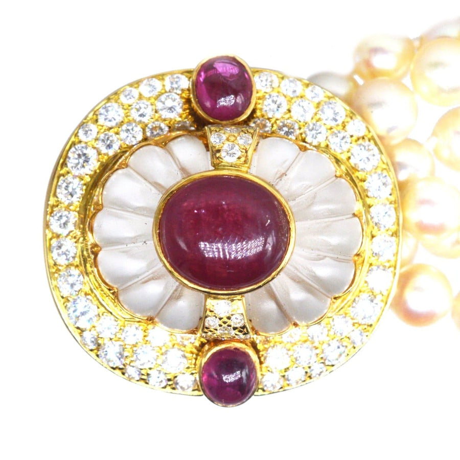 Mid Century French 18ct Gold Cultured Pearl Torsade necklace with Diamond, Rock Crystal and Ruby Clasp | Parkin and Gerrish | Antique & Vintage Jewellery