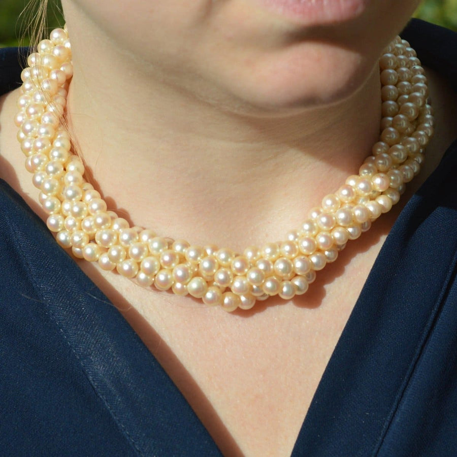 Mid Century French 18ct Gold Cultured Pearl Torsade necklace with Diamond, Rock Crystal and Ruby Clasp | Parkin and Gerrish | Antique & Vintage Jewellery