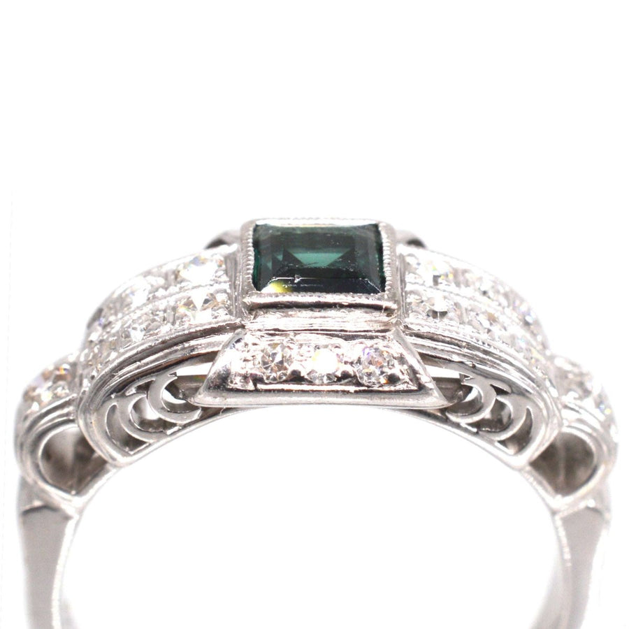 Mid Century Platinum, Green Sapphire and Diamond Ring | Parkin and Gerrish | Antique & Vintage Jewellery