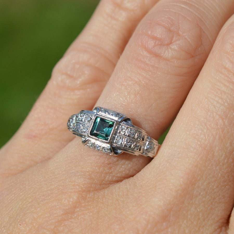 Mid Century Platinum, Green Sapphire and Diamond Ring | Parkin and Gerrish | Antique & Vintage Jewellery