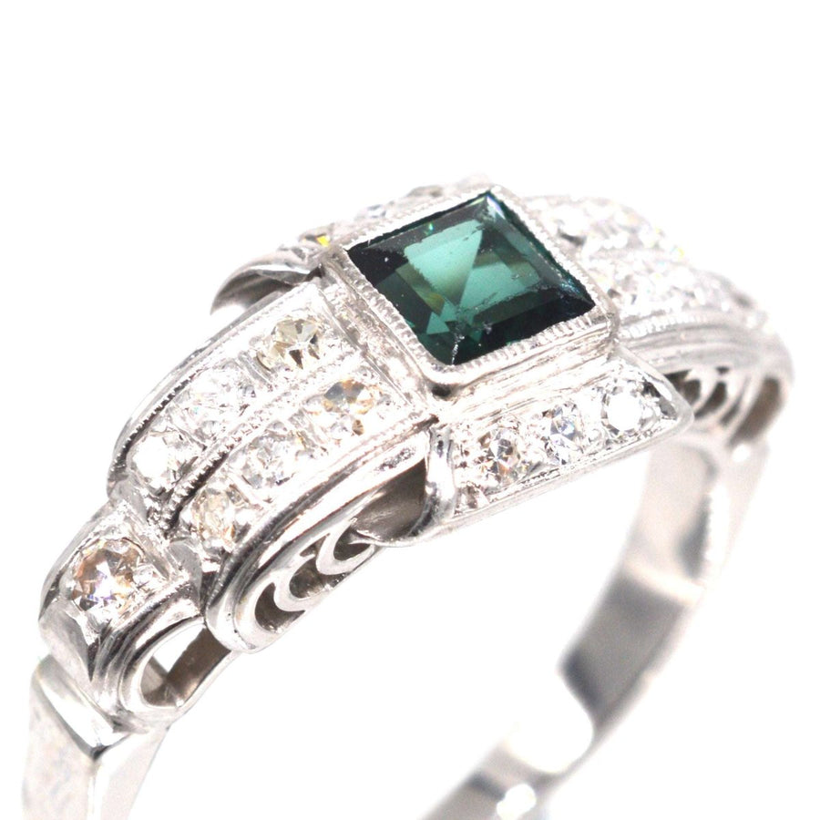 Mid Century Platinum, Green Sapphire and Diamond Ring | Parkin and Gerrish | Antique & Vintage Jewellery