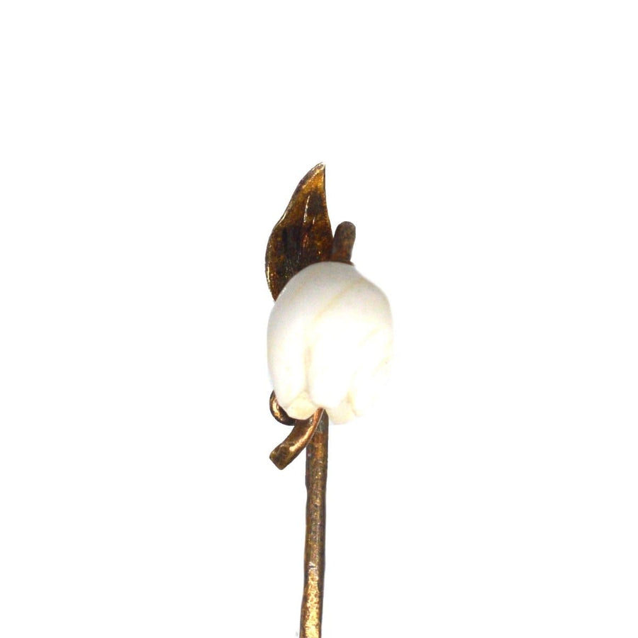 Rare Regency 9ct Gold Carved White Coral Lily of the Valley Bell Flower Tie Pin