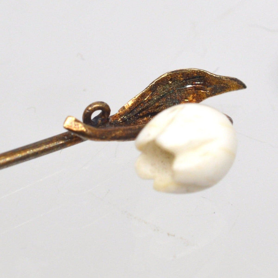 Rare Regency 9ct Gold Carved White Coral Lily of the Valley Bell Flower Tie Pin