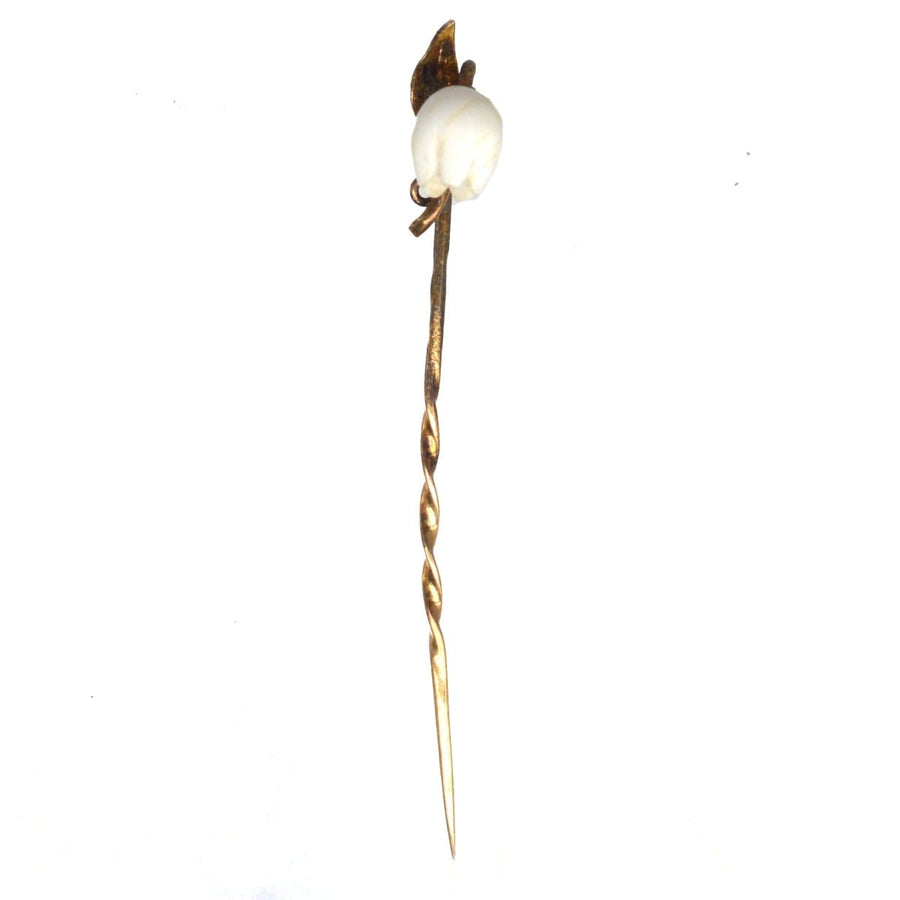 Rare Regency 9ct Gold Carved White Coral Lily of the Valley Bell Flower Tie Pin