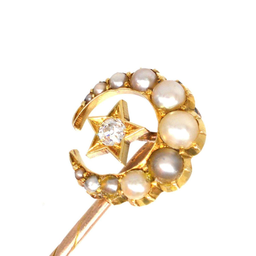 Victorian 15ct Gold Pearl and Diamond Star and Crescent Moon Tie Pin | Parkin and Gerrish (UK)