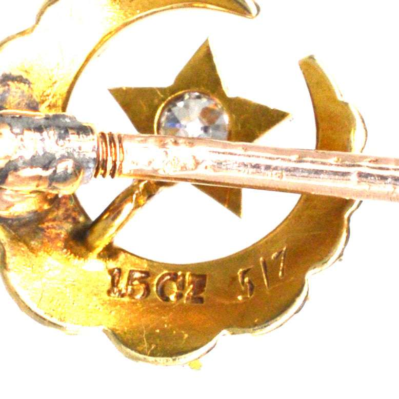 Victorian 15ct Gold Pearl and Diamond Star and Crescent Moon Tie Pin | Parkin and Gerrish (UK)