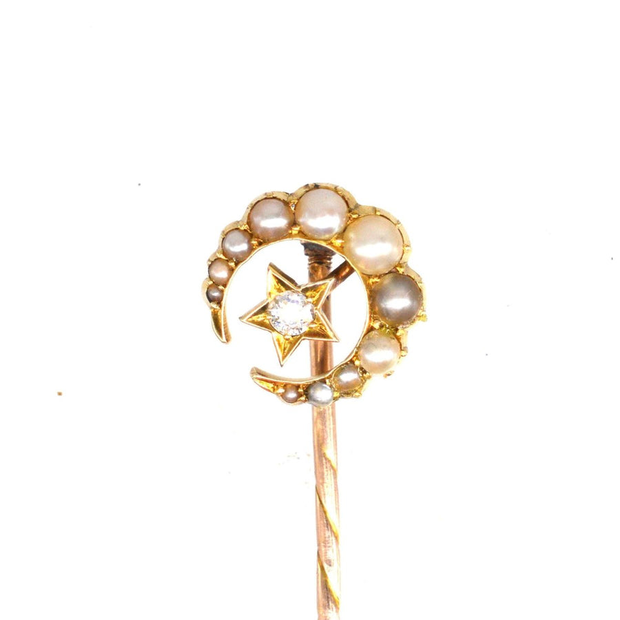 Victorian 15ct Gold Pearl and Diamond Star and Crescent Moon Tie Pin | Parkin and Gerrish (UK)