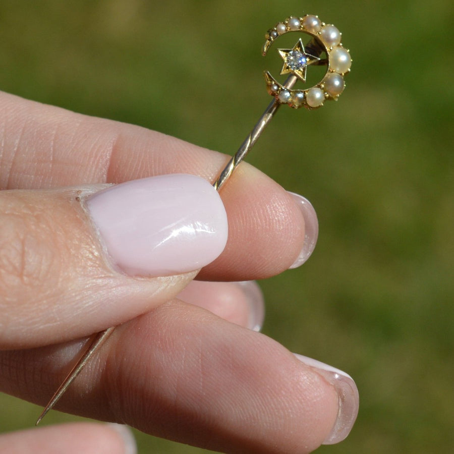 Victorian 15ct Gold Pearl and Diamond Star and Crescent Moon Tie Pin | Parkin and Gerrish (UK)
