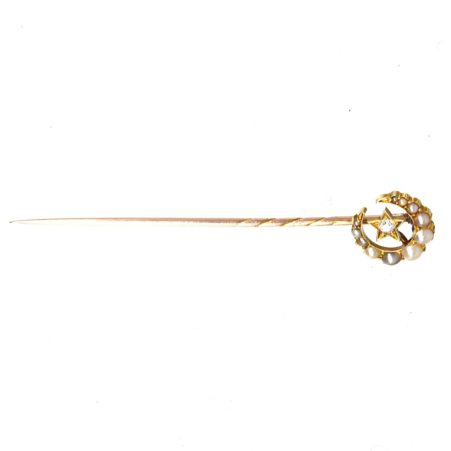 Victorian 15ct Gold Pearl and Diamond Star and Crescent Moon Tie Pin | Parkin and Gerrish (UK)