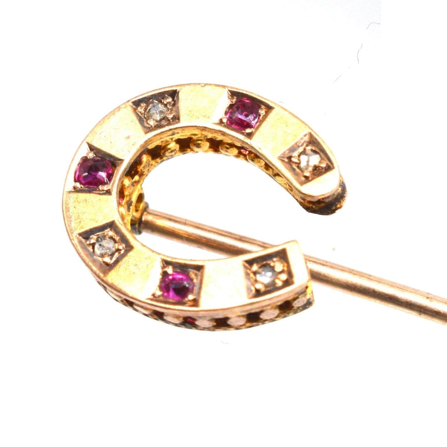 Victorian 15ct Gold Ruby and Diamond Horseshoe Tie Pin
