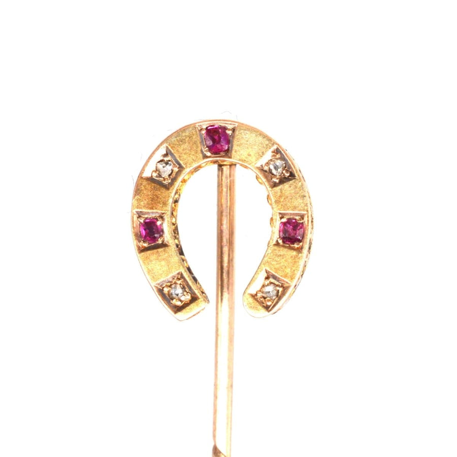 Victorian 15ct Gold Ruby and Diamond Horseshoe Tie Pin