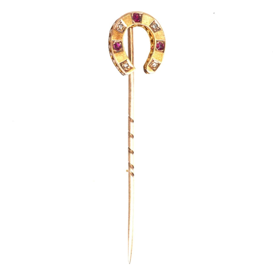 Victorian 15ct Gold Ruby and Diamond Horseshoe Tie Pin